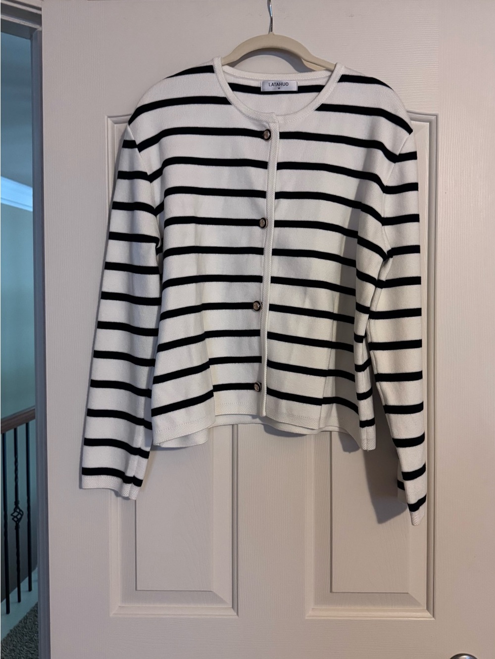 LATAHUO Black & White Striped Knit Cardigan Sweater | Gold Button | Medium